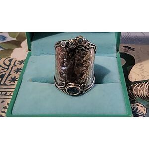 NEW~OR PAZ Sterling Silver Bold Wide Hammered Genuine Blue Topaz Gem Ring Sz 9